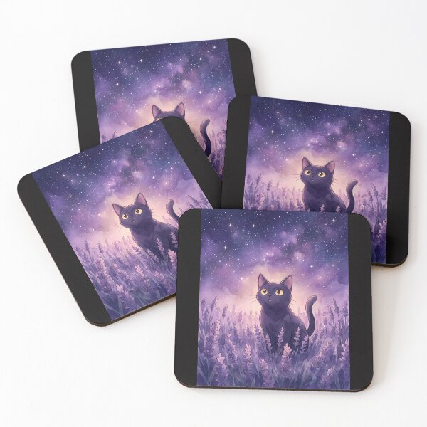 Item preview, Black Cat in Lavender Field Starry Night designed and sold by PurrfectHome.