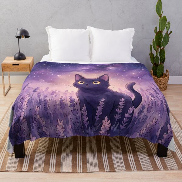 Item preview, Black Cat in Lavender Field Starry Night designed and sold by PurrfectHome.