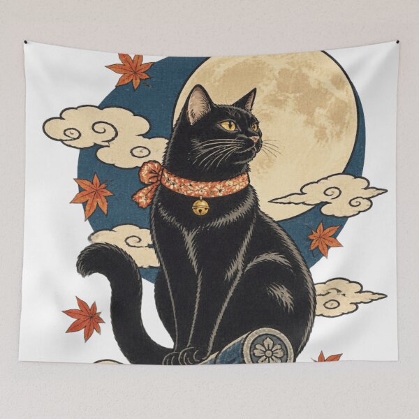 Item preview, Black Cat Under Full Moon Japanese Ukiyo-e Woodblock Art designed and sold by vekotpu.