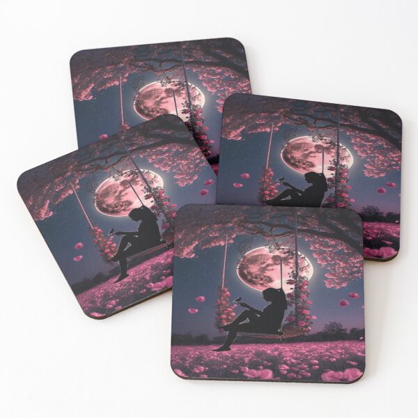 Item preview, Pink Moon Fantasy Art  Girl on a Rose Swing Under the Night Sky designed and sold by joyorashop.