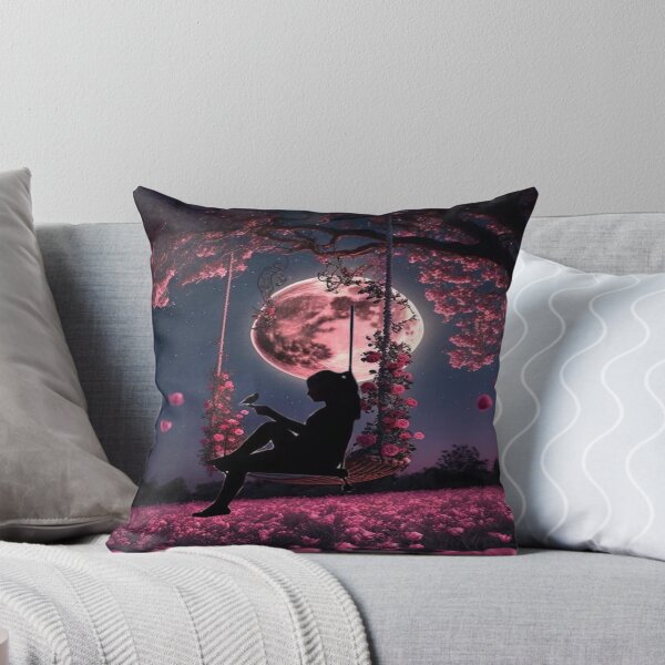 Item preview, Pink Moon Fantasy Art  Girl on a Rose Swing Under the Night Sky designed and sold by joyorashop.