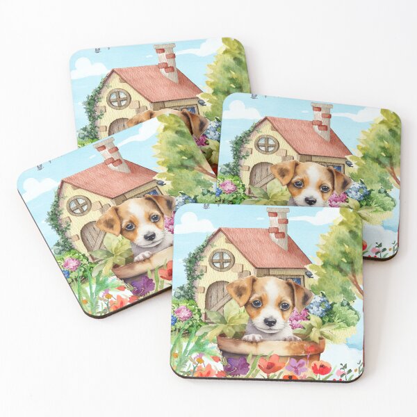 Item preview, Cute Puppy in Flower Garden Watercolor Cottage designed and sold by yuki-hana.