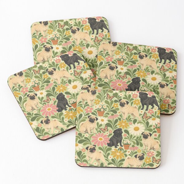 Item preview, Pug Flower Garden – Retro Floral Pattern with Fawn and Black Pugs designed and sold by Paper-Pickle.