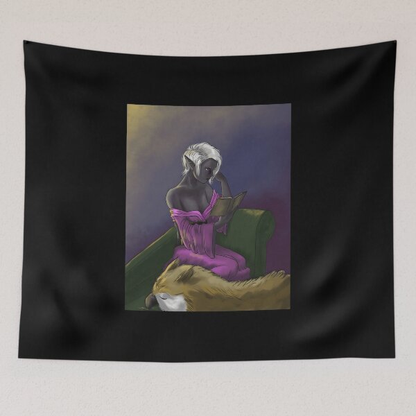 Item preview, Dark Elf Reading on Green Sofa with Sleeping Wolf Companion designed and sold by lcnsdjstrtrystd.
