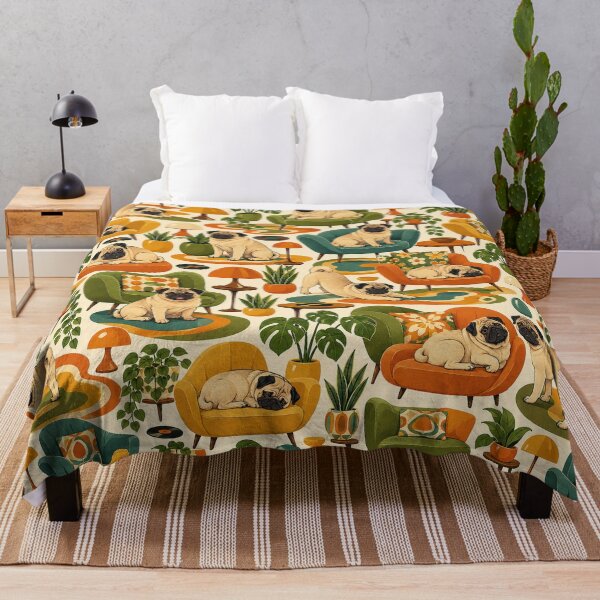 Item preview, Pug Lounge – Retro Pug Pattern with Mid-Century Furniture and Plants designed and sold by Paper-Pickle.