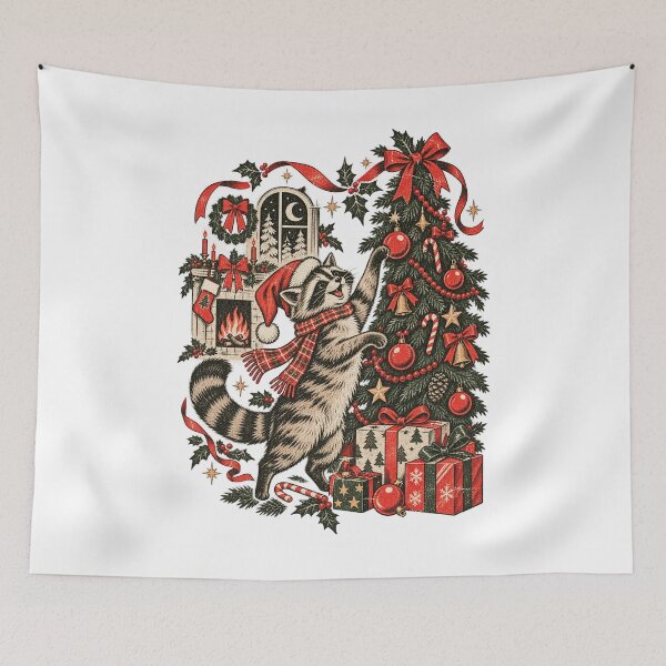 Item preview, Vintage Christmas Raccoon Decorating Tree Cozy Fireplace Holiday Graphic designed and sold by ParkerDuerson.