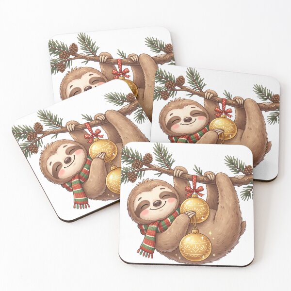 Item preview, Sleepy Sloth Hanging from a Pine Branch with Gold Christmas Ornaments designed and sold by AdornOutfits.