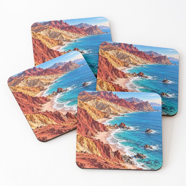 Item preview, Vibrant Orange Cliffs and Turquoise Sea Landscape designed and sold by dreamybyana.