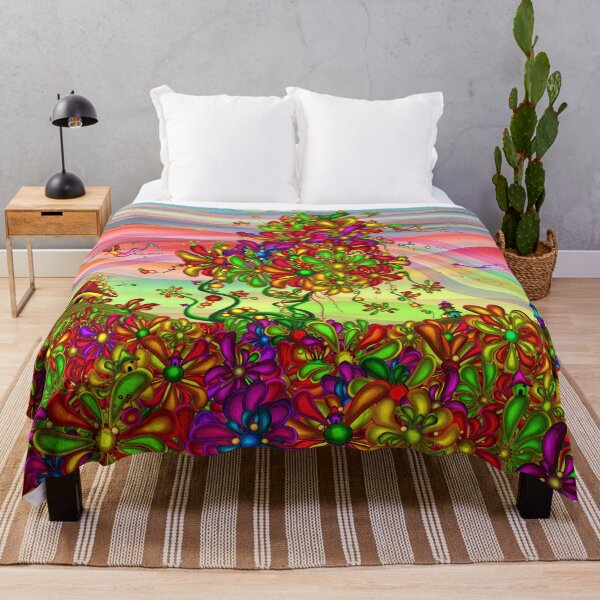 Item preview, Fantasy Floral Garden – Mystical Flower Tree and Tiny Houses Over a Glowing Flower Field Under Wavy Pink and Blue Skies | Dopamine Decor designed and sold by Ofir mor.
