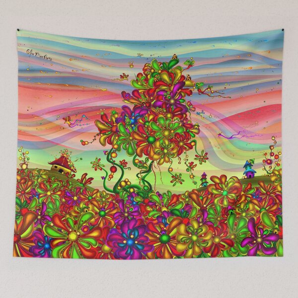 Item preview, Fantasy Floral Garden – Mystical Flower Tree and Tiny Houses Over a Glowing Flower Field Under Wavy Pink and Blue Skies | Dopamine Decor designed and sold by Ofir mor.