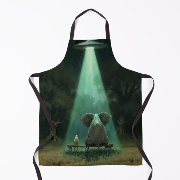 Item preview, UFO Abduction Art with Elephant and Dog Sitting on Bench Under Green Light Beam designed and sold by Mike Kiev art.