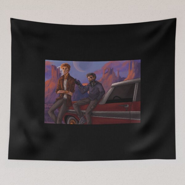 Item preview, Cyberpunk Two Characters Leaning on Vintage Car at Sunset designed and sold by J-Mindful.