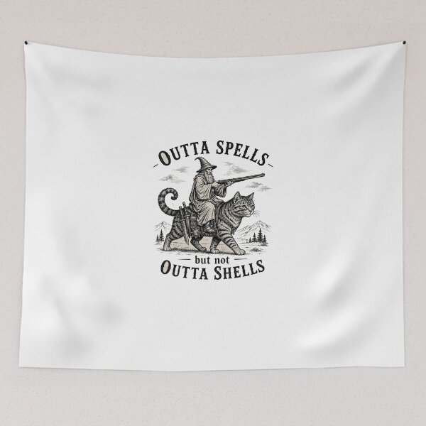 Item preview, Outta Spells But Not Outta Shells Wizard Riding Cat Shotgun Meme Illustration designed and sold by poell7072.