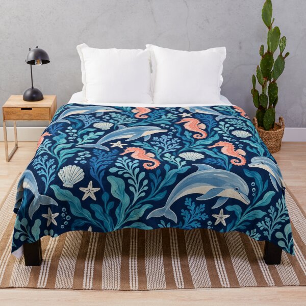 Item preview, Midnight Ocean – Dolphin and Pink Seahorse Pattern with Shells and Starfish designed and sold by Paper-Pickle.