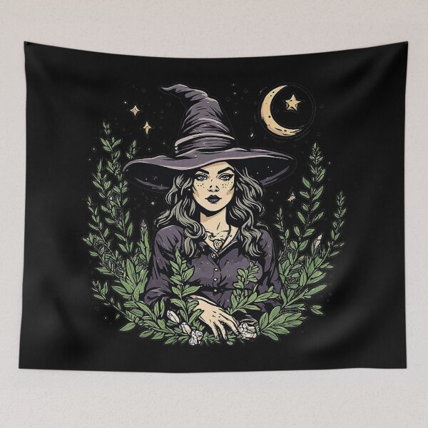 Item preview, Mystic Dark Witch - Celestial Crescent Moon & Botanical Leaves Halloween Art designed and sold by emiliacreations.