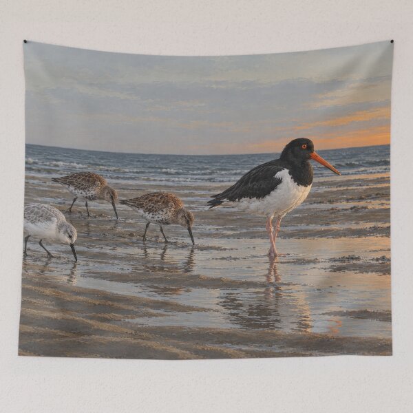 Item preview, Tide Line at Dusk — Sanderling, Dunlin & Oystercatcher on a Wet Beach, Coastal Bird Art designed and sold by mushizaman.