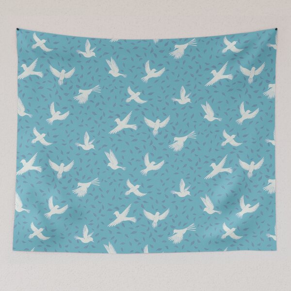 Item preview, White Dove Silhouettes in Flight - Bird & Leaf Pattern in Aqua Blue designed and sold by Sukilopi.