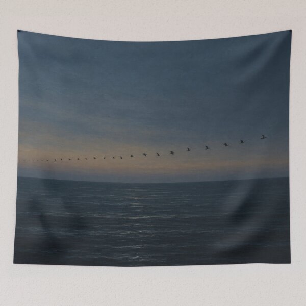 Item preview, The Flock Moves — Seabirds Crossing a Dark Sea at Dusk, Minimal Coastal Art designed and sold by mushizaman.