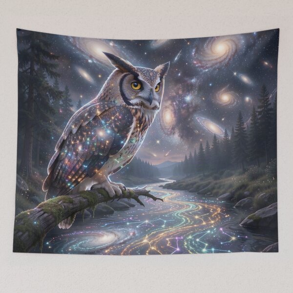Item preview, Celestial Owl Perched Over a Universal River, Backdrop of Galaxies designed and sold by Fanta-sticky.