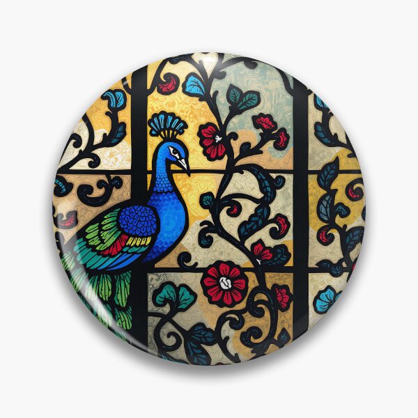 Item preview, Stained Glass Peacock with Red Flowers and Ornate Floral Border designed and sold by T-domain.
