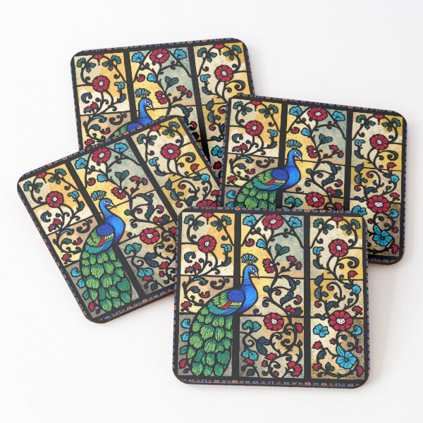 Item preview, Stained Glass Peacock with Red Flowers and Ornate Floral Border designed and sold by T-domain.