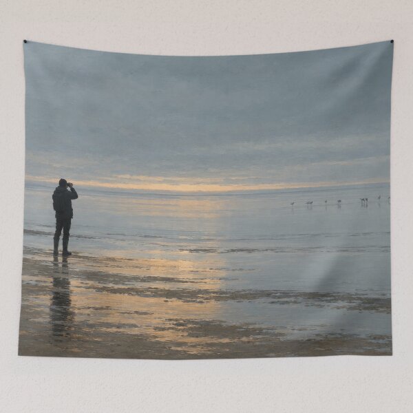Item preview, The Watch — Birder with Binoculars at First Light, Coastal Birdwatching Art designed and sold by mushizaman.