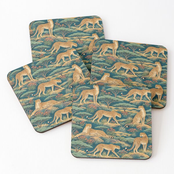 Item preview, Dusk on the Plains – Cheetah and Acacia Pattern in Teal and Gold designed and sold by Paper-Pickle.