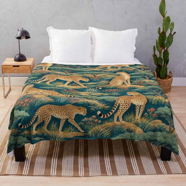 Item preview, Dusk on the Plains – Cheetah and Acacia Pattern in Teal and Gold designed and sold by Paper-Pickle.