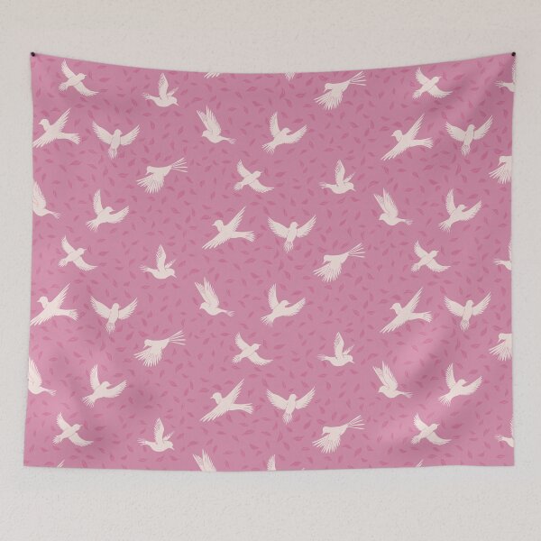 Item preview, White Dove Silhouettes in Flight - Bird & Leaf Pattern in Pink designed and sold by Sukilopi.