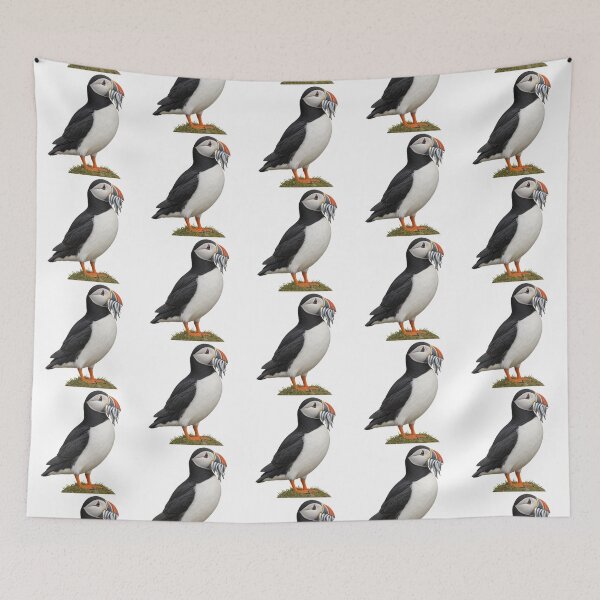 Item preview, Puffin with Sand Eels — Atlantic Puffin Coastal Bird Portrait, Naturalist Art designed and sold by mushizaman.