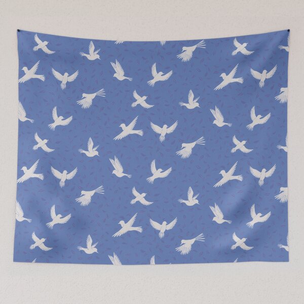 Item preview, White Dove Silhouettes in Flight - Bird & Leaf Pattern in Blue designed and sold by Sukilopi.