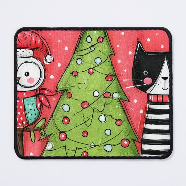 Item preview, A Festive Christmas Owl in a Santa Hat and a Charming Striped Cat Beside a Sparkling Tree designed and sold by OlfactoART Studio.