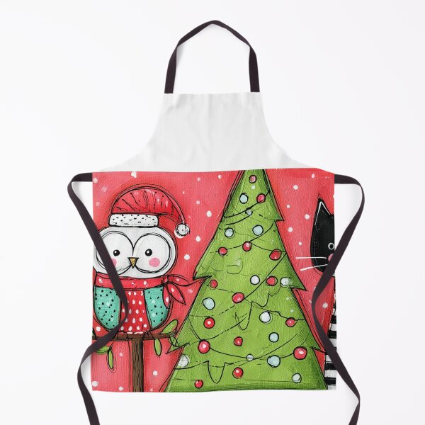 Item preview, A Festive Christmas Owl in a Santa Hat and a Charming Striped Cat Beside a Sparkling Tree designed and sold by OlfactoART Studio.