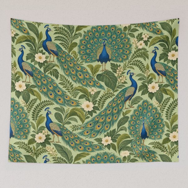Item preview, Peacock Garden – Retro Botanical Pattern with Blue Peacocks and Flowers designed and sold by Paper-Pickle.
