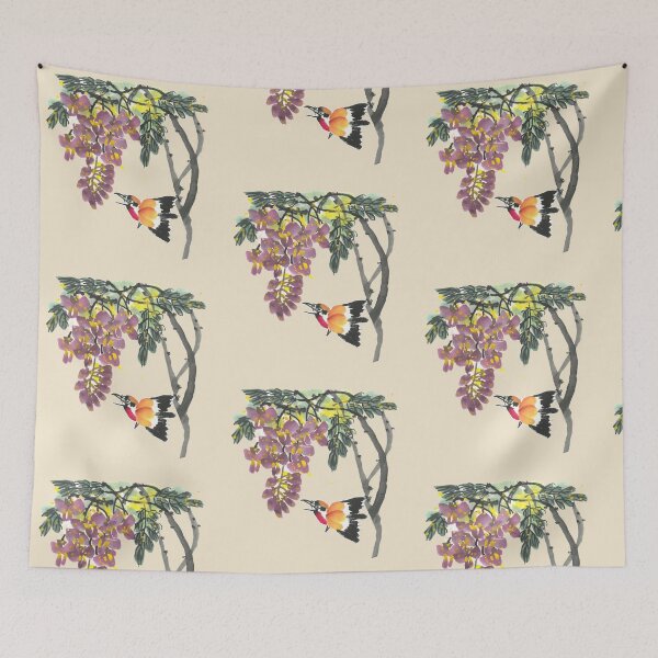 Item preview, Golden Oriole and Hanging Wisteria | East Asian Brush Art designed and sold by HiddenJadeArtStudio.