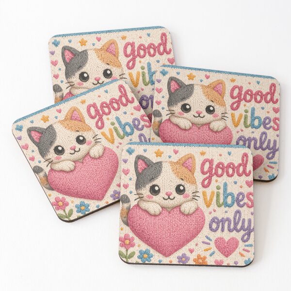 Item preview, Good Vibes Only, kawaii cat with heart on a beautiful knitted pattern designed and sold by Mauswohn.