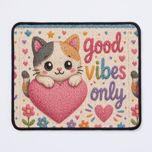 Item preview, Good Vibes Only, kawaii cat with heart on a beautiful knitted pattern designed and sold by Mauswohn.