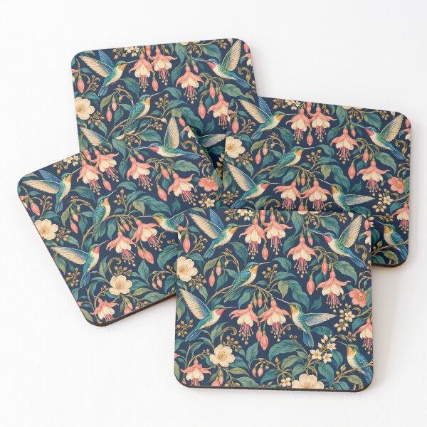 Item preview, Midnight Nectar – Hummingbird and Fuchsia Flower Pattern on Navy designed and sold by Paper-Pickle.