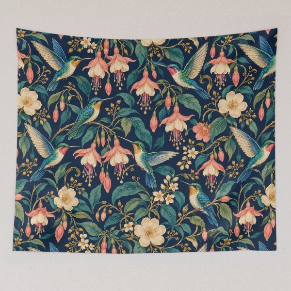 Item preview, Midnight Nectar – Hummingbird and Fuchsia Flower Pattern on Navy designed and sold by Paper-Pickle.