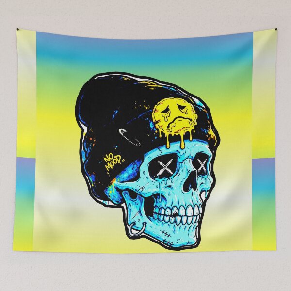 Item preview, Sad Skull Black Hat Melted Yellow Smiley No Mood Punk designed and sold by AstronautMerch.