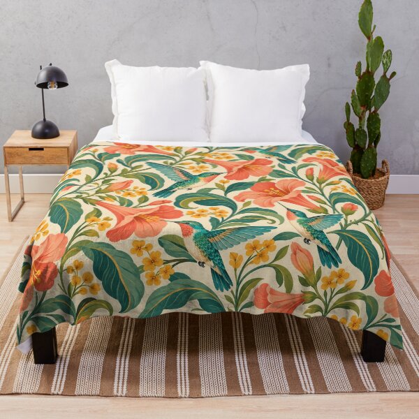Item preview, Coral and Turquoise Flight – Retro Hummingbird and Floral Pattern designed and sold by Paper-Pickle.