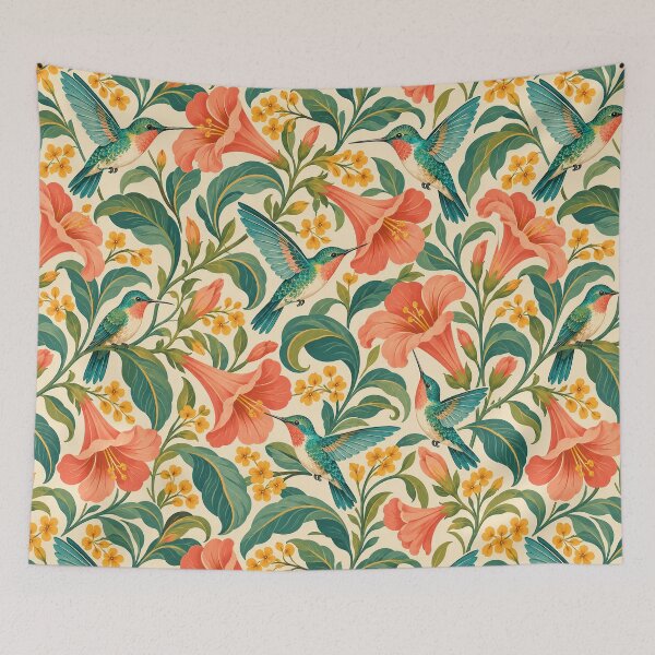 Item preview, Coral and Turquoise Flight – Retro Hummingbird and Floral Pattern designed and sold by Paper-Pickle.