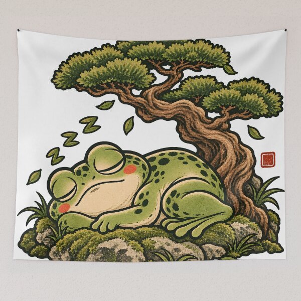 Item preview, Sleepy Frog Under Bonsai - Cozy Japanese Zen Frog designed and sold by CreatifStudios.