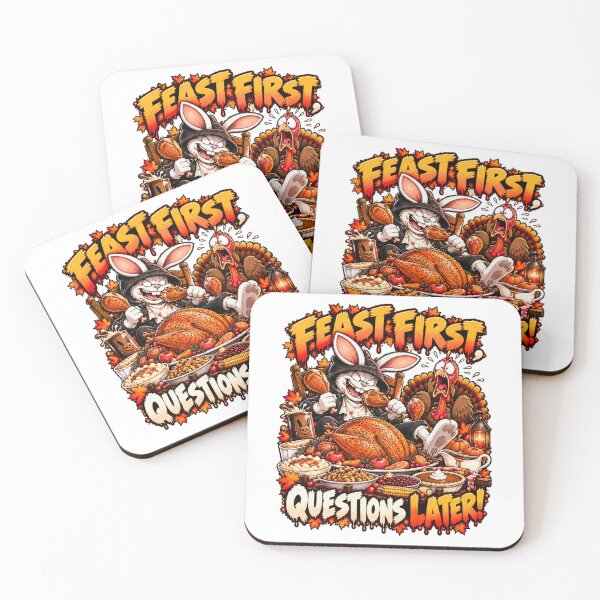 Item preview, Thanksgiving - Feast First Questions Later! Funny Bunny Thanksgiving Dinner Humor designed and sold by bunnymode.
