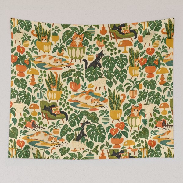 Item preview, Plant Crimes – Funny Retro Cat and Houseplant Pattern designed and sold by Paper-Pickle.