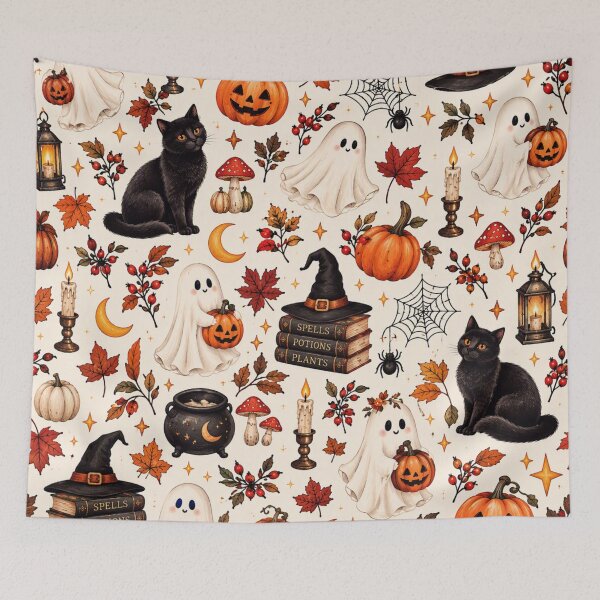 Item preview, Cozy Halloween Ghosts Black Cats Pattern designed and sold by MarselArt.