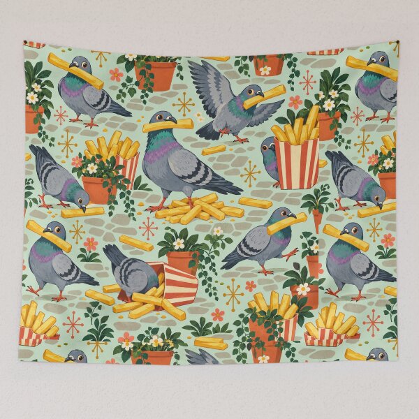Item preview, French Fry Bandits – Funny Retro Pigeon and Fries Pattern designed and sold by Paper-Pickle.