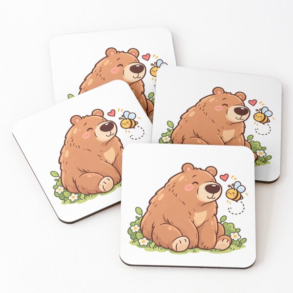 Item preview, Kawaii Brown Bear and Bumblebee in Flower Garden – Cute Woodland Animal Cartoon designed and sold by mumeaw.
