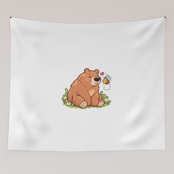 Item preview, Kawaii Brown Bear and Bumblebee in Flower Garden – Cute Woodland Animal Cartoon designed and sold by mumeaw.