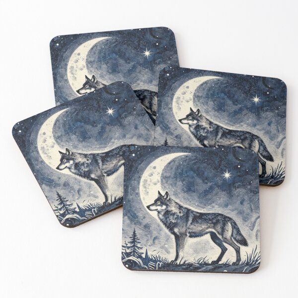 Item preview, Lone Wolf Under Crescent Moon Night Sky Art designed and sold by ART BOND.